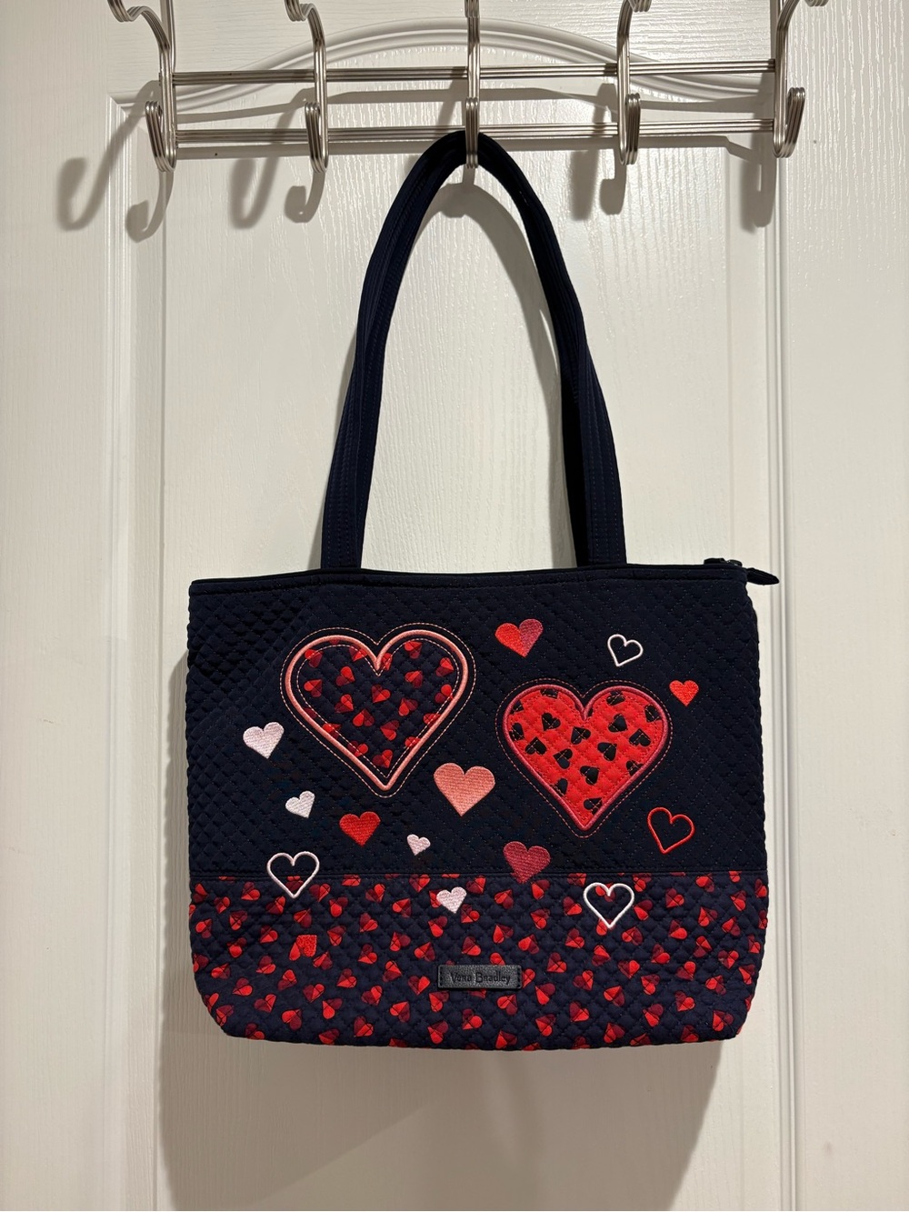 Vera Bradley “Sweet Hearts” Navy Quilted Tote with Red and Pink Hearts